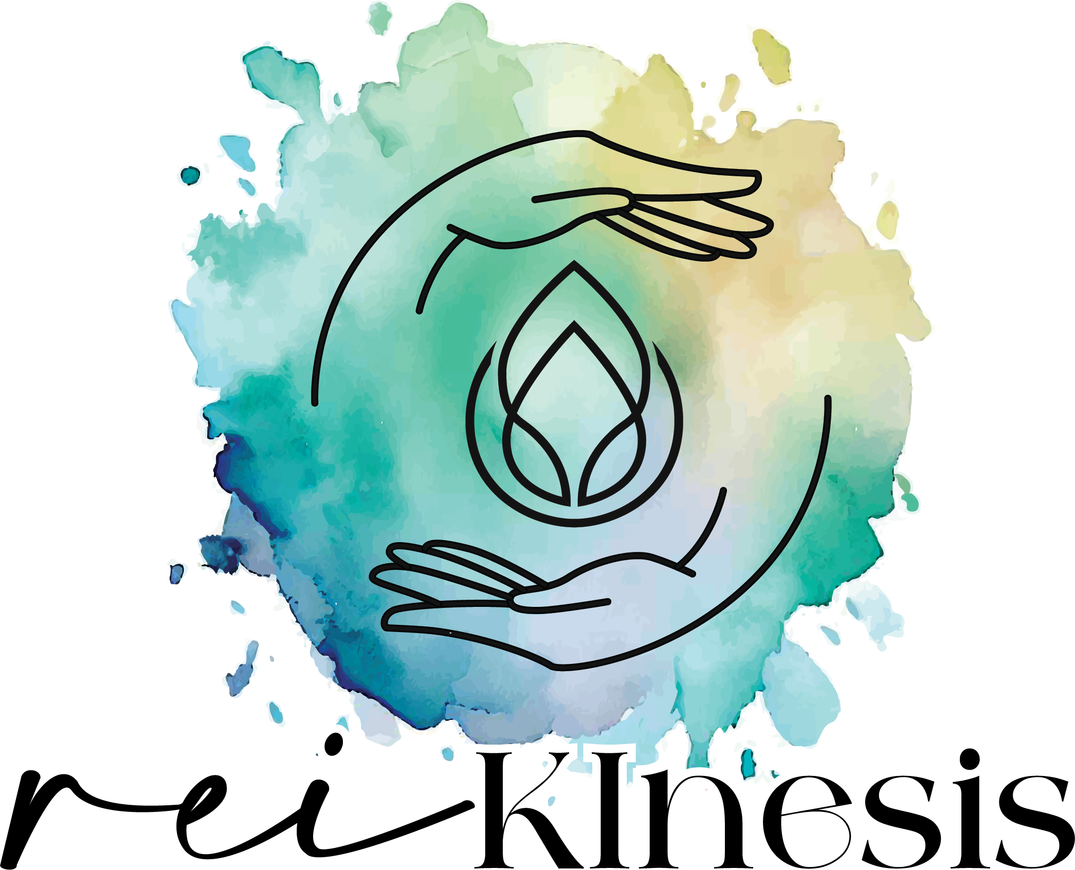 Curved hands around a lotus flower on a background of watercolor blues and greens