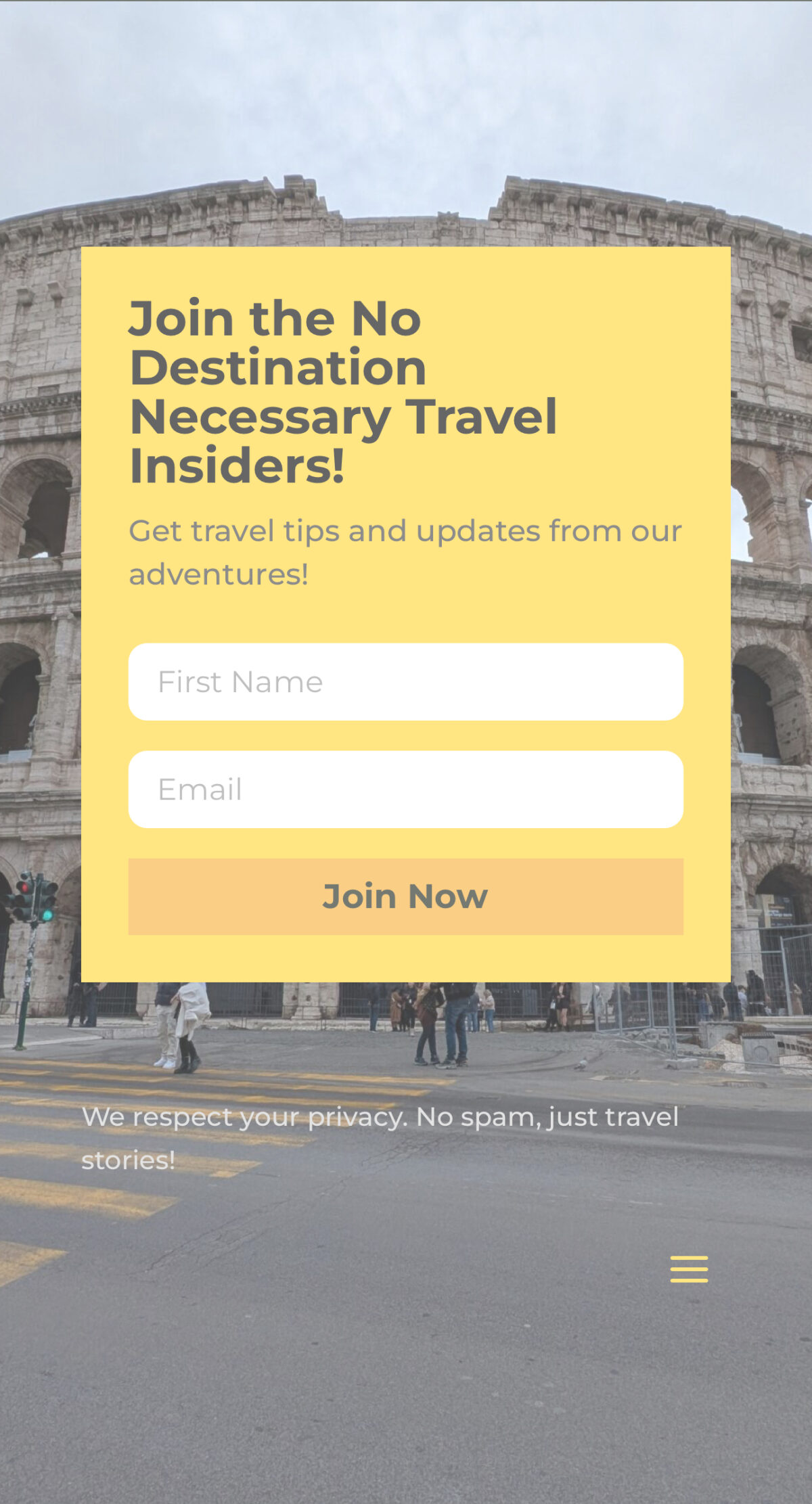 Image of No Destination Necessary dot com newsletter pop up